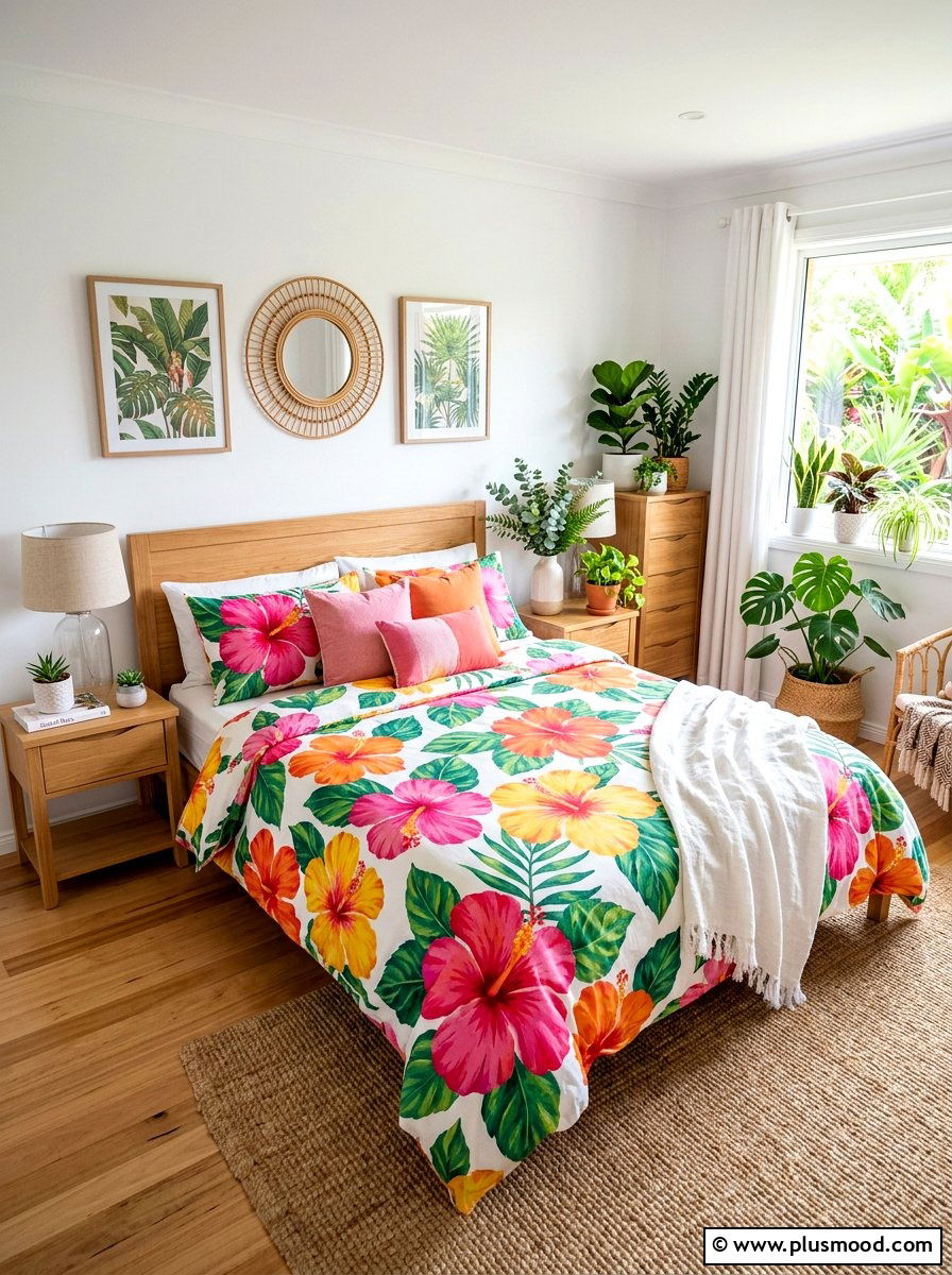 Hibiscus floral bedding - 25 summer tropical home decor ideas