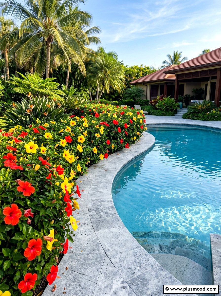 Hibiscus poolside garden - 25 pool landscaping ideas with tropical plants