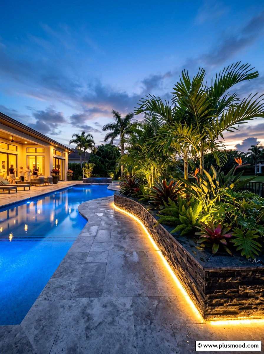 Hidden Lighting Pool Planter - 25 pool landscaping ideas with raised planters