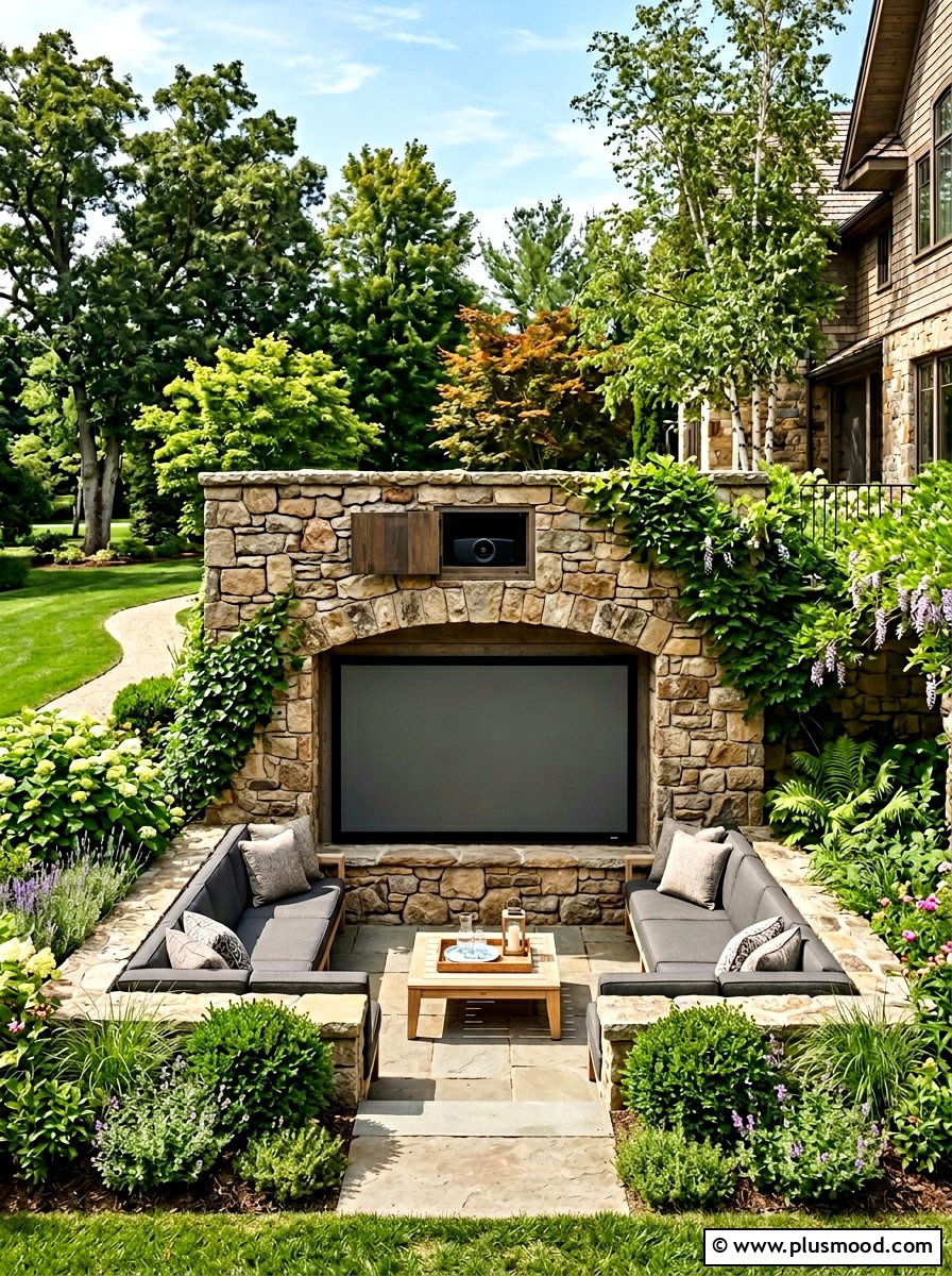 Hidden Projector Niche - 25 small backyard ideas with movie screen