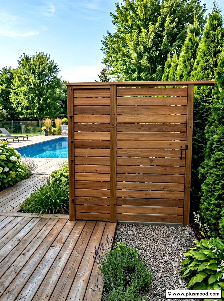Hidden pool equipment with wood deck screening - 25 pool landscaping ideas with wooden deck