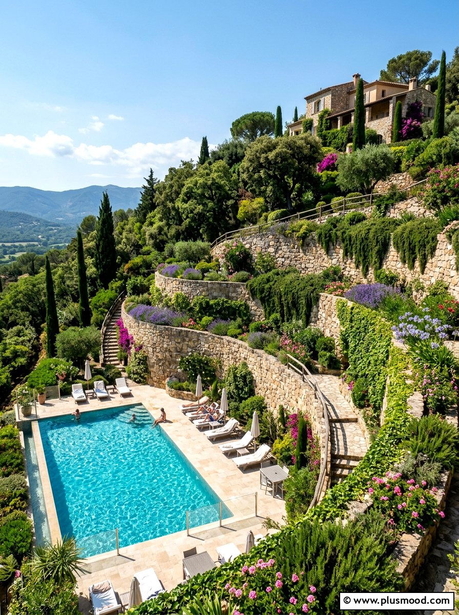 Hillside pool retaining planter - 25 pool landscaping ideas with curved planters
