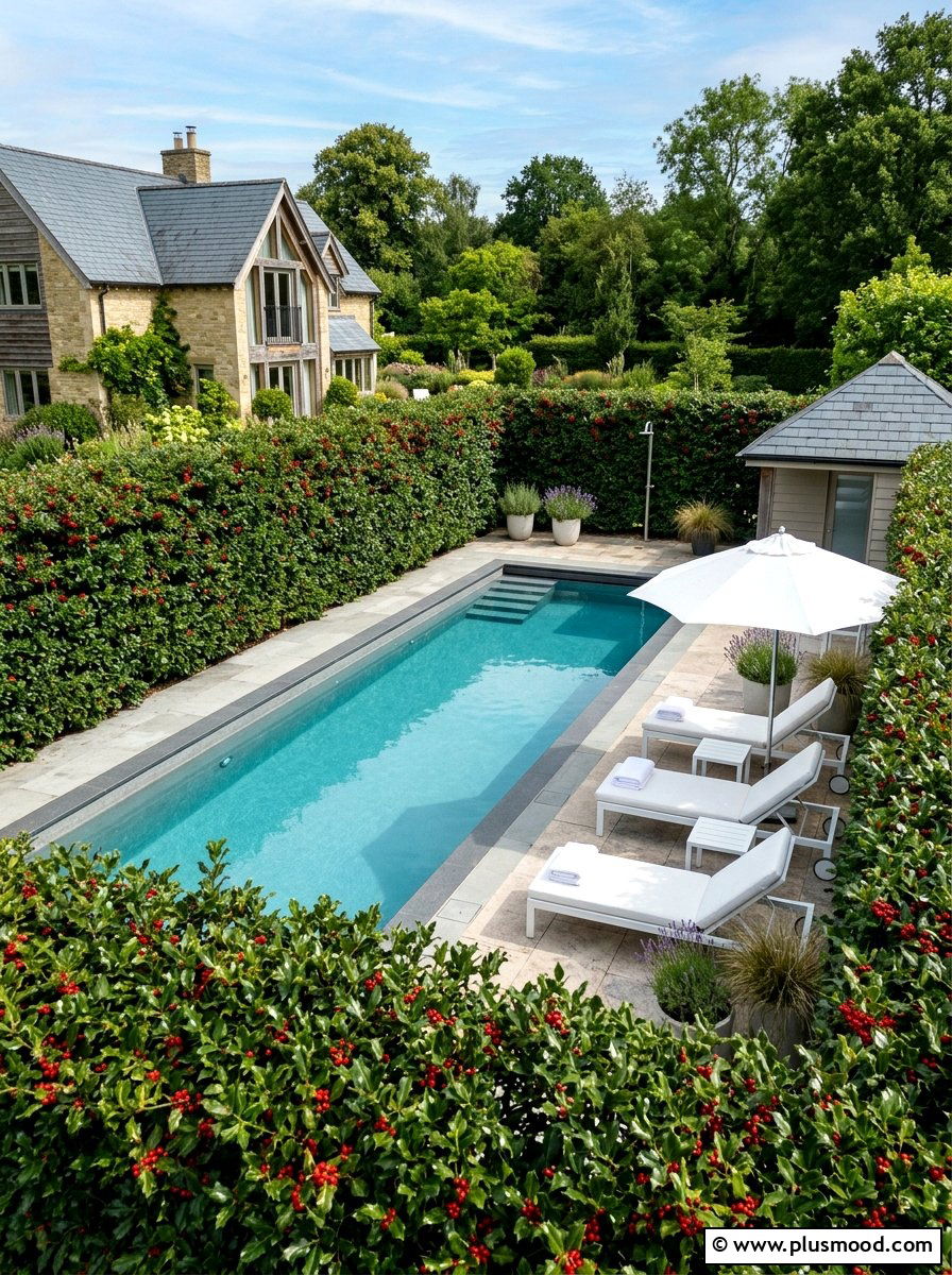 Holly shrub security screen - 25 pool landscaping ideas with shrubs