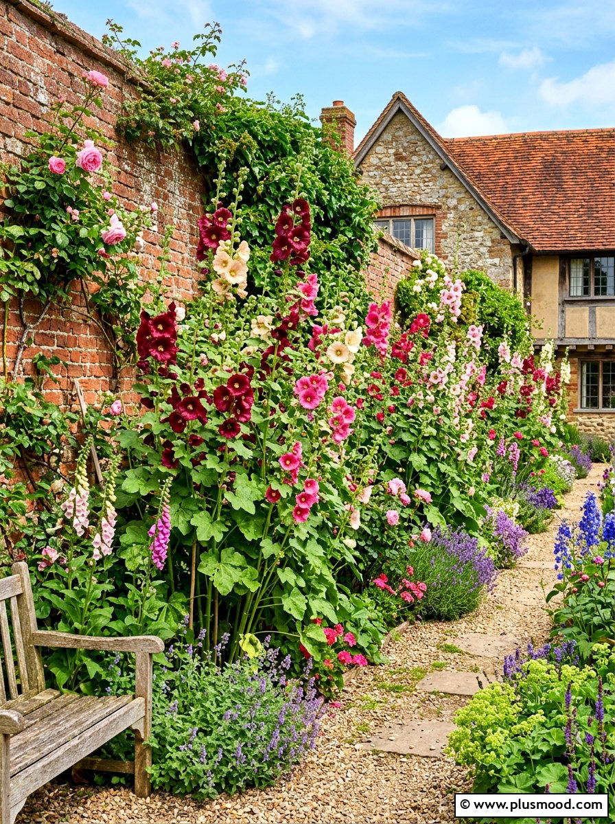 Hollyhock Wall Planting - 25 summer English garden ideas