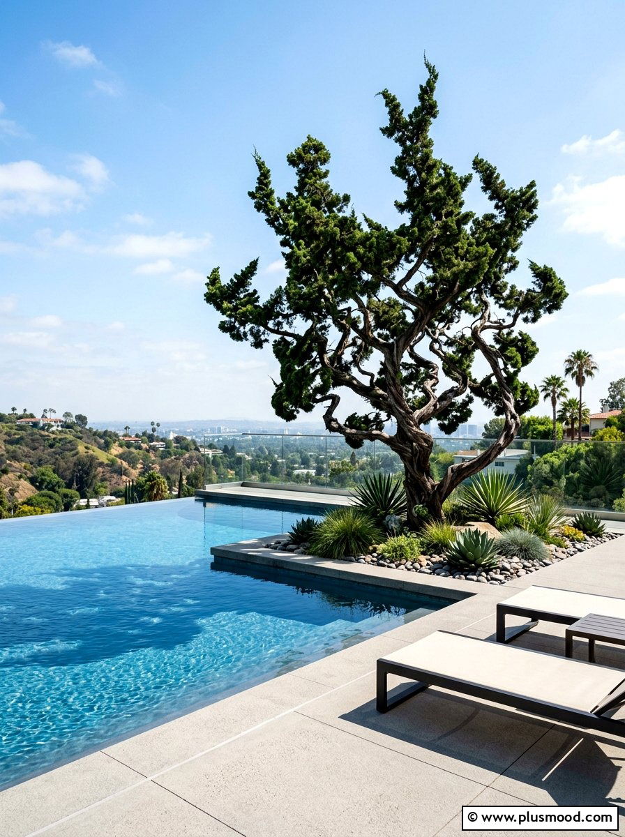 Hollywood Juniper Pool Accent - 25 pool landscaping ideas with shade trees