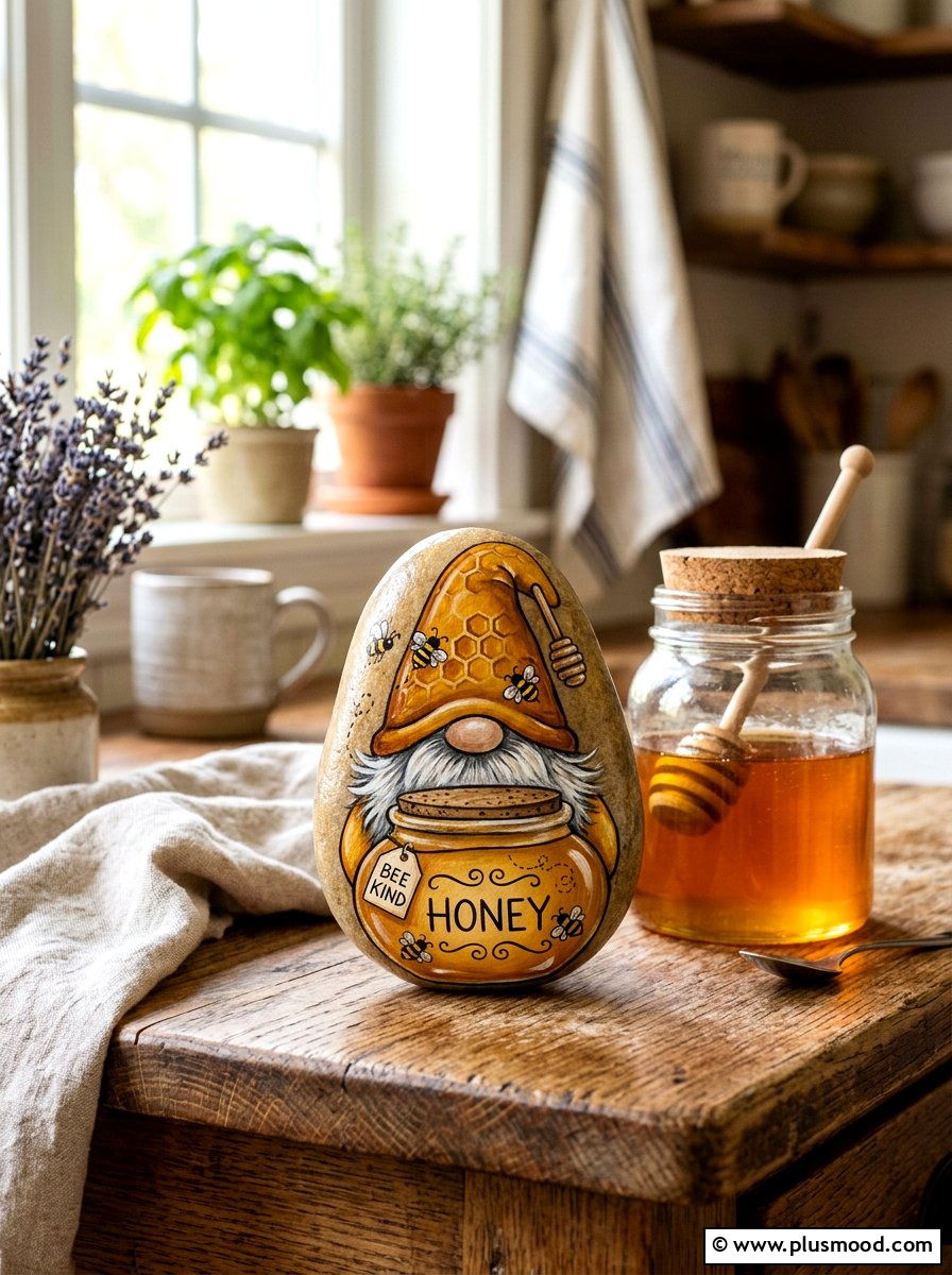 Honey pot gnome - 25 painted rock ideas with gnomes