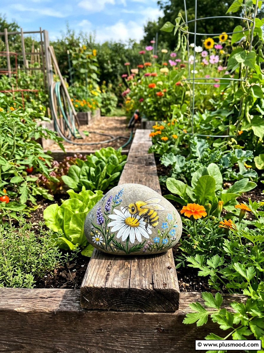 Honeybee Flower Rock - 25 painted rock ideas with nature prints