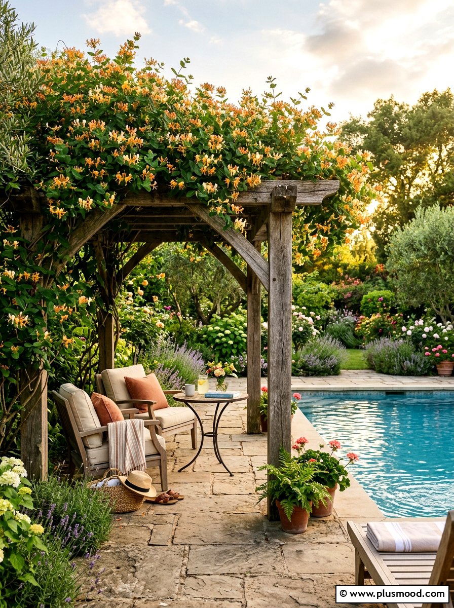 Honeysuckle Pool Seating Area - 25 pool landscaping ideas with climbing plants