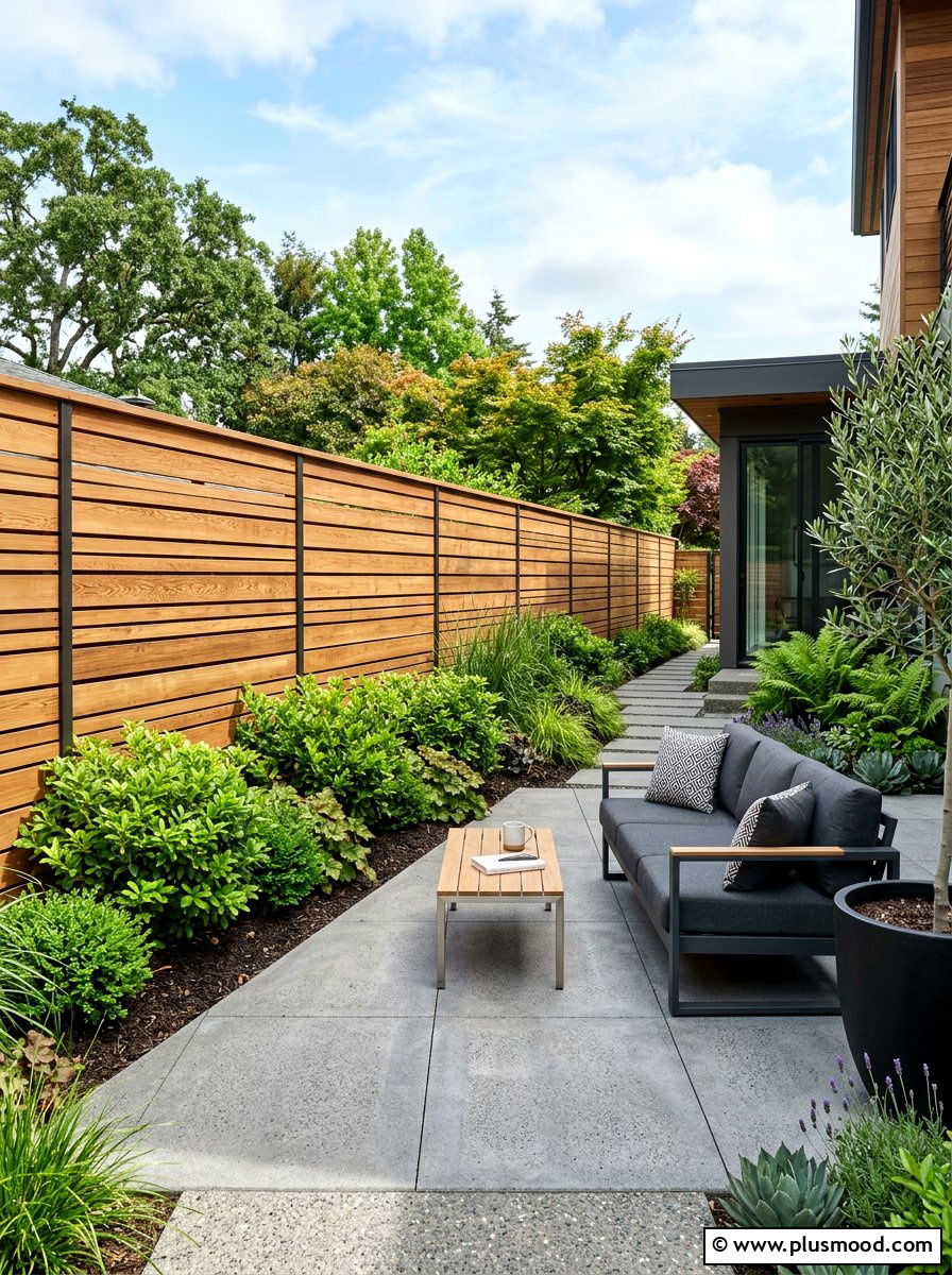 Horizontal Slat Wood Fence - 25 small backyard ideas with wood fence