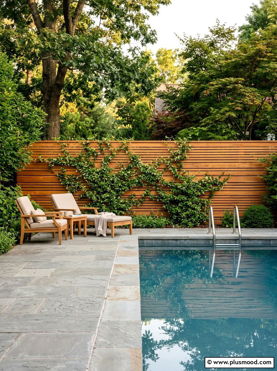 Horizontal Wood Slat Fence - 25 pool landscaping ideas for rectangular pools