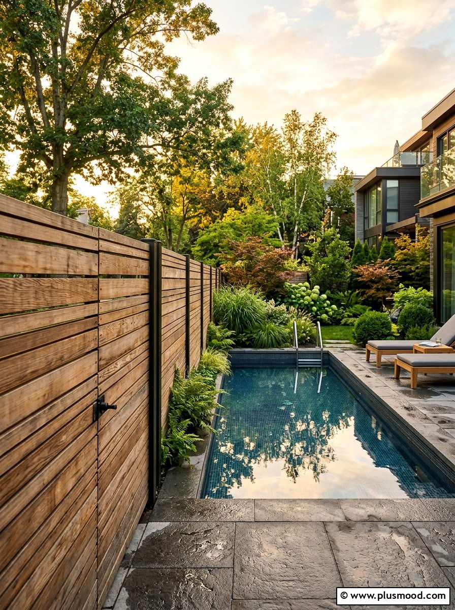 Horizontal wood pool fence - 25 pool landscaping ideas for urban backyards