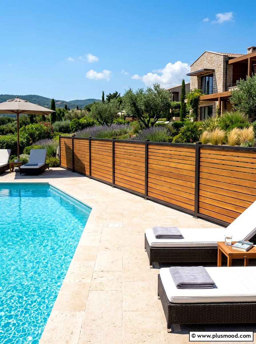 Horizontal wood slat pool fence - 25 summer pool fence decor ideas