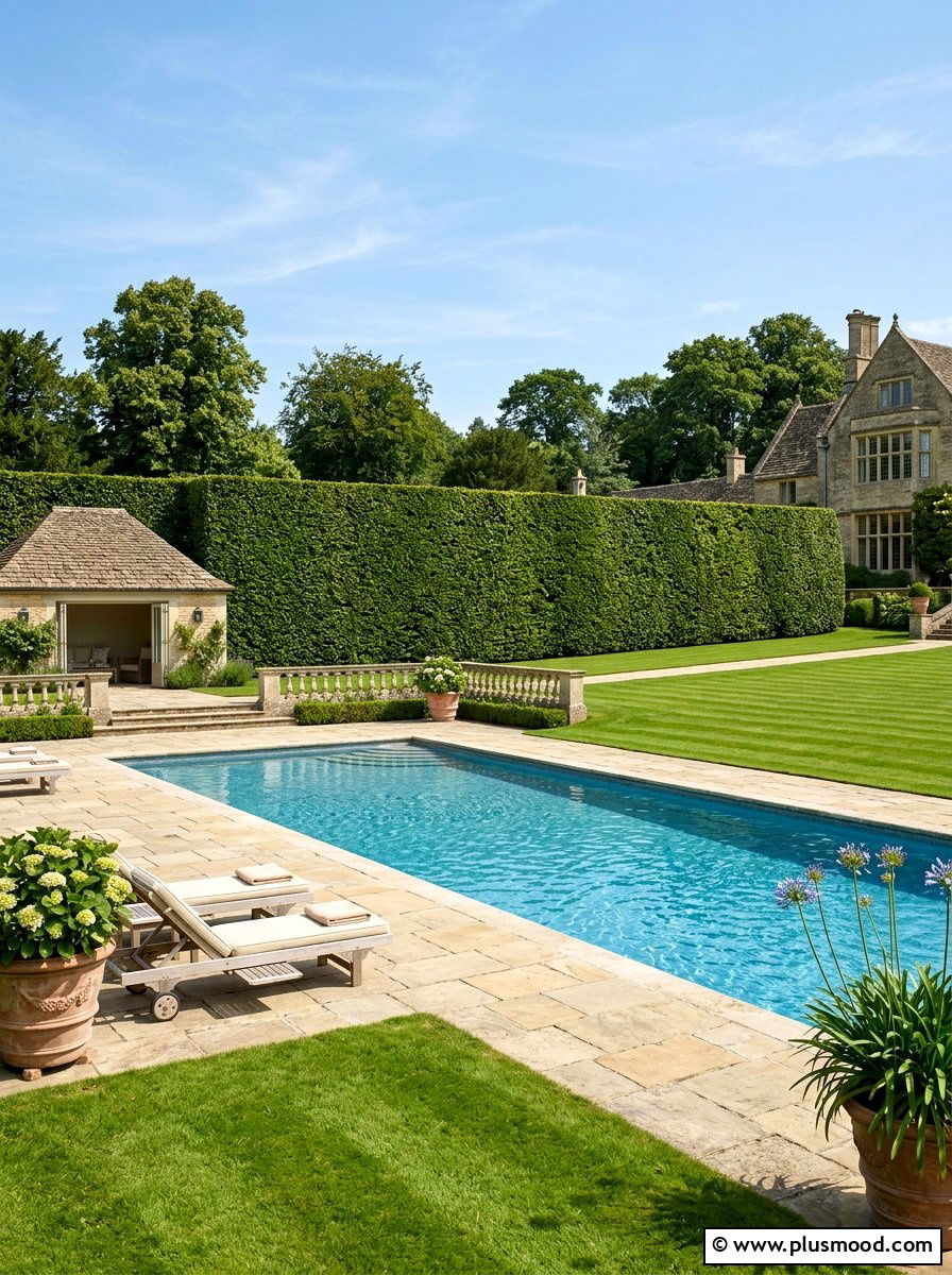Hornbeam hedge swimming pool - 25 pool landscaping ideas with hedge border