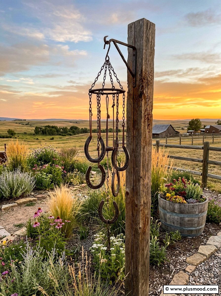 Horseshoe rustic ranch garden - 25 outdoor garden decor ideas with wind chimes