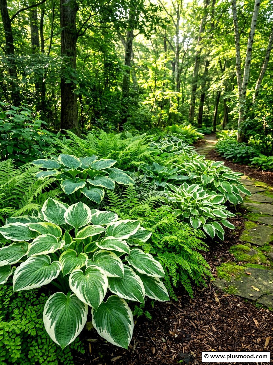Hosta and fern shade border - 25 summer evergreen and flower mix ideas