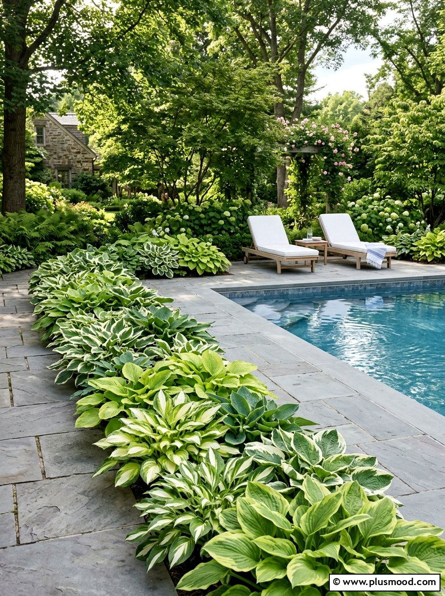 Hostas Around Pool Deck - 25 pool landscaping ideas for shade gardens