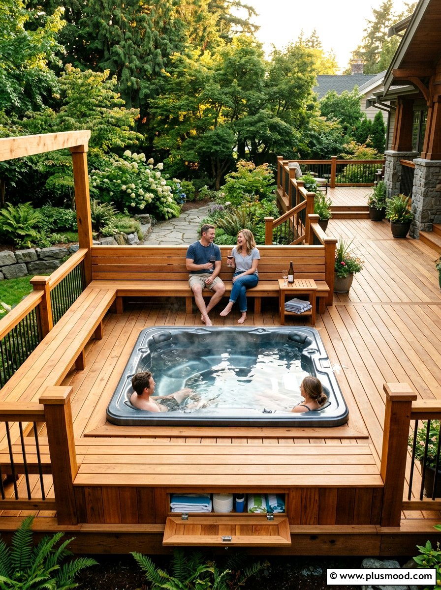Hot tub with built in bench - 25 small backyard ideas with hot tub
