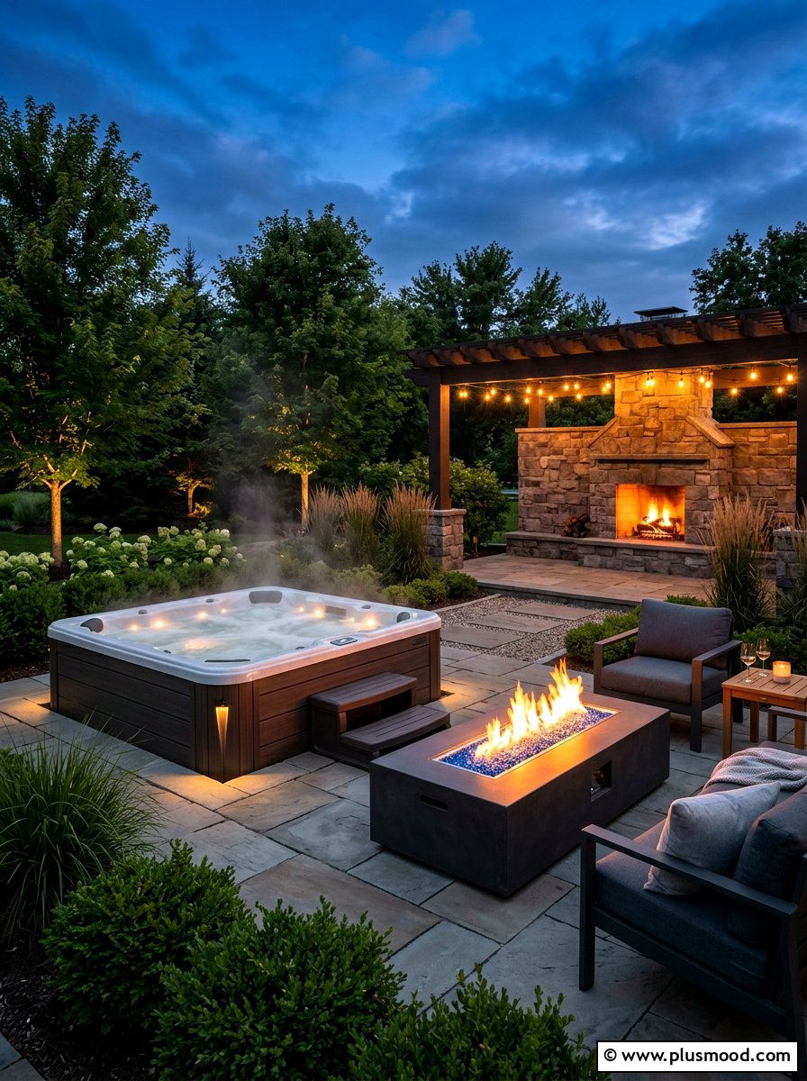 Hot tub with outdoor fireplace - 25 small backyard ideas with hot tub