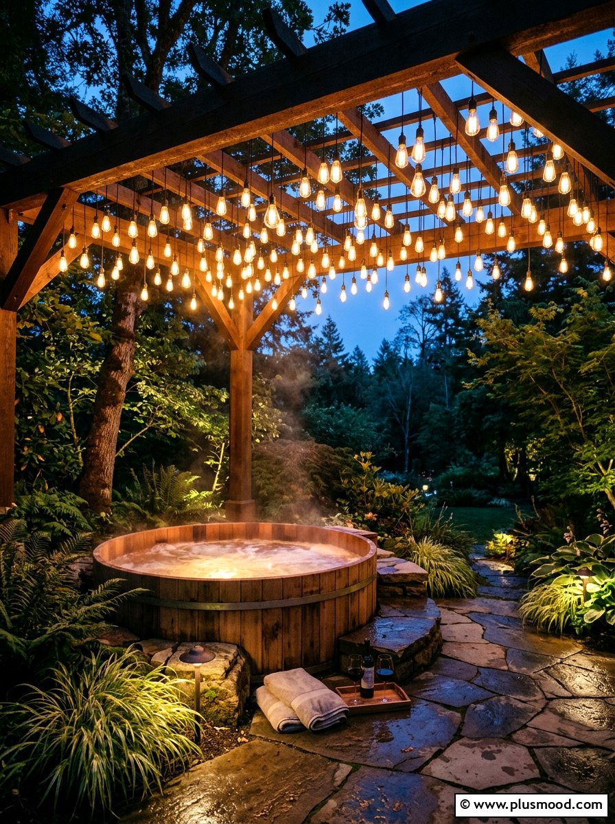 Hot tub with string lights - 25 small backyard ideas with hot tub