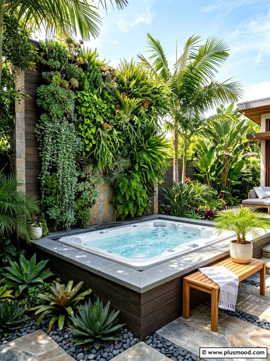 Hot tub with vertical garden - 25 small backyard ideas with hot tub