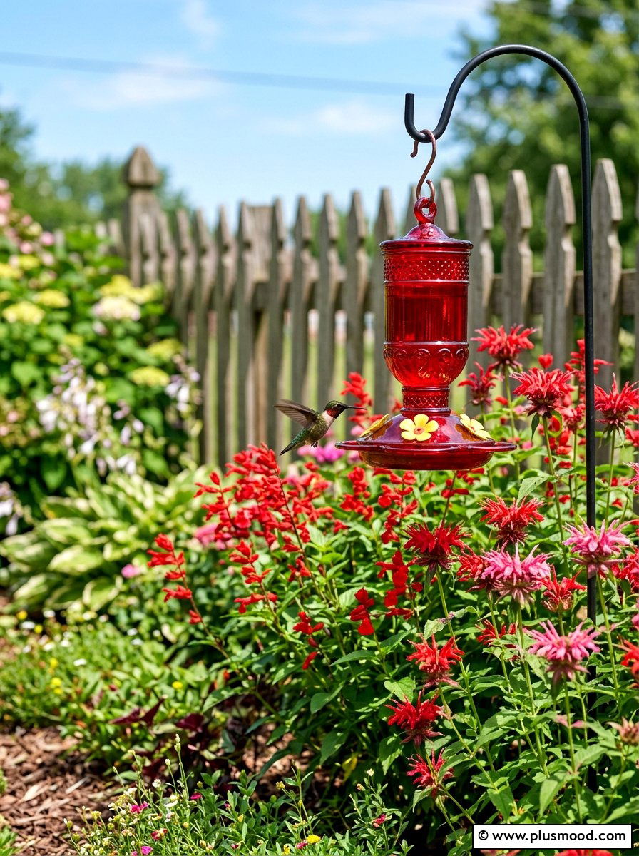 Hummingbird feeder near flowers - 25 small backyard ideas with bird feeders
