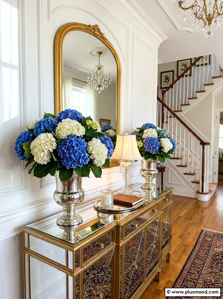 Hydrangea Display Console Foyer - 25 summer seasonal entry decor ideas