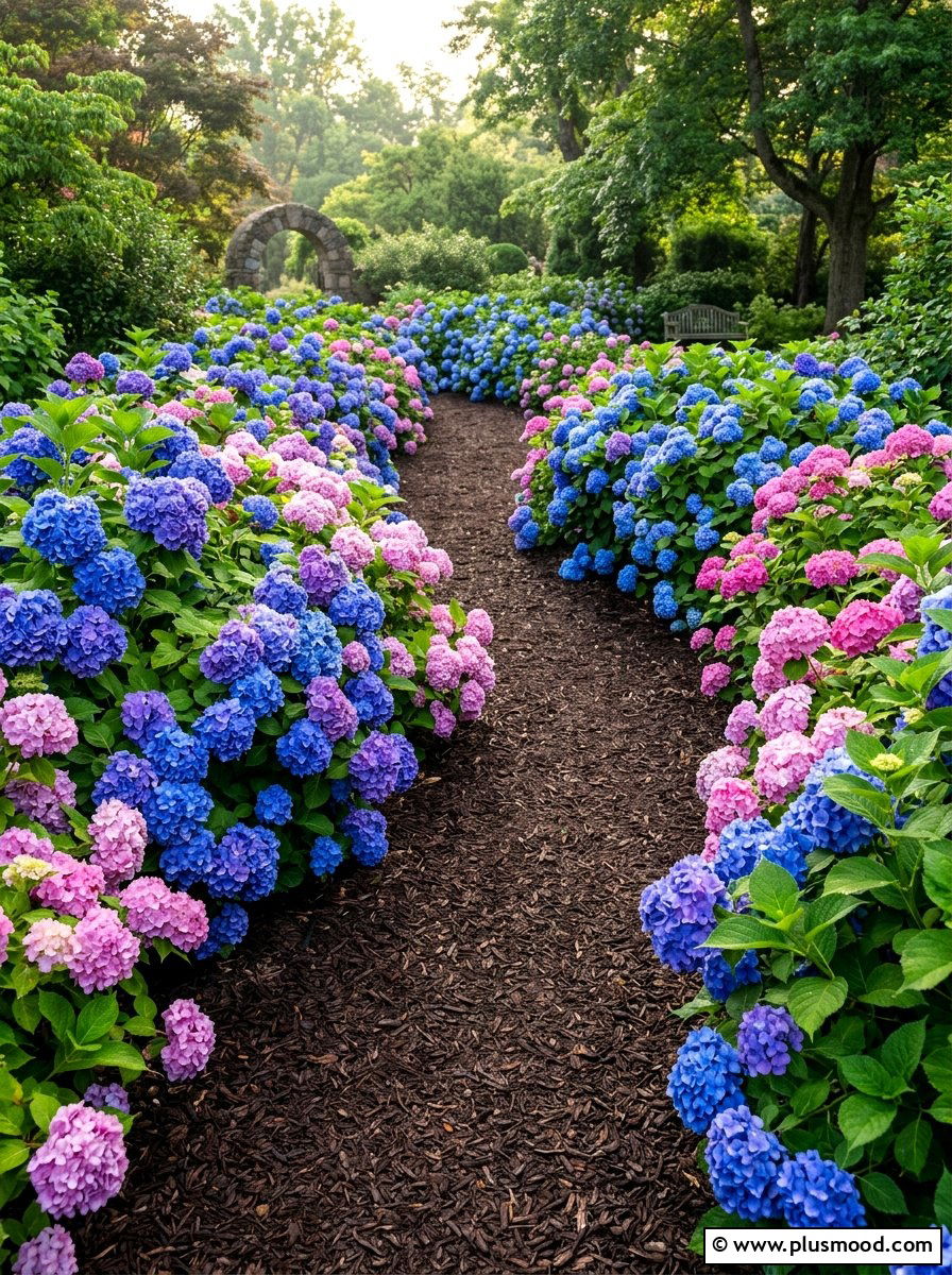 Hydrangea Lined Path - 25 summer walkway landscaping ideas