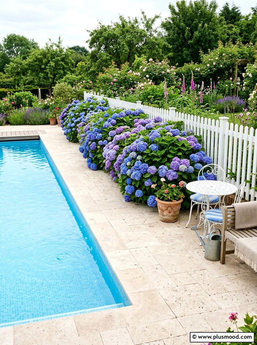 Hydrangea Pool Border - 25 pool landscaping ideas for shade gardens