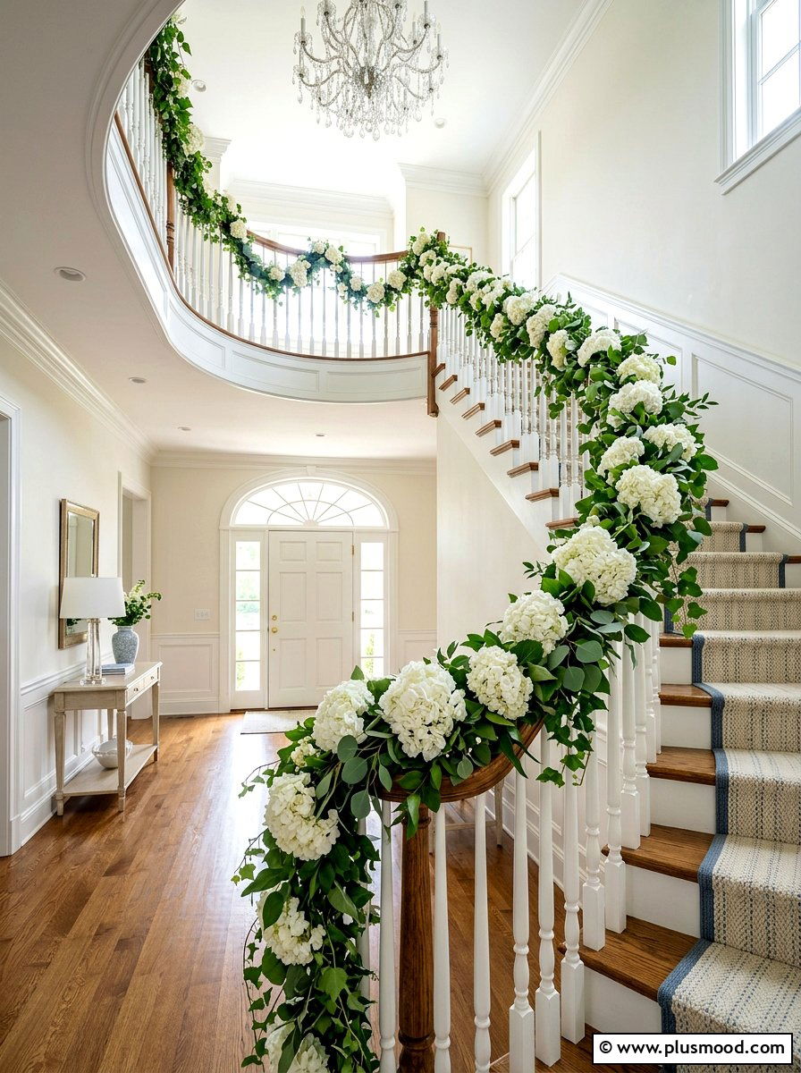 Hydrangea Staircase Garland - 25 late summer hydrangea decor ideas