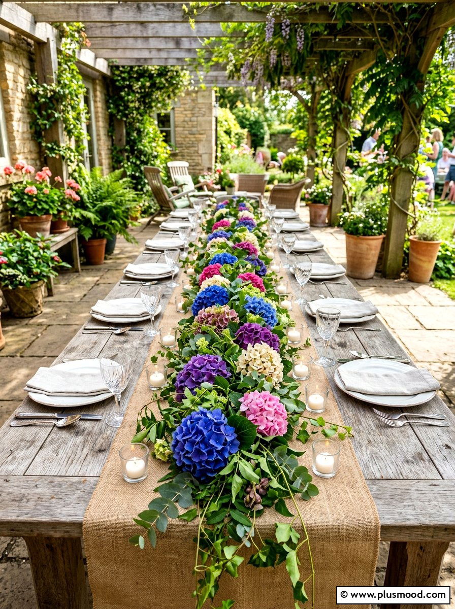 Hydrangea Table Runner - 25 late summer hydrangea decor ideas