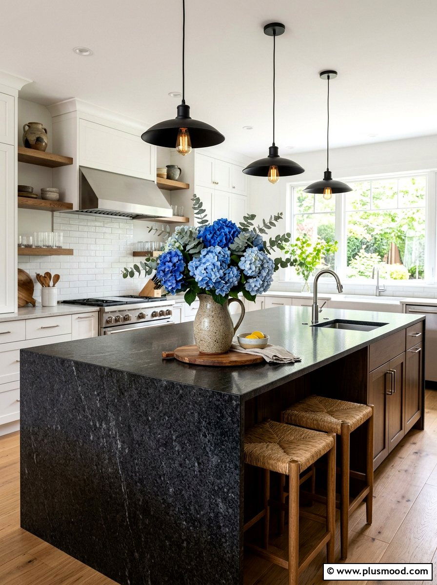 Hydrangea and eucalyptus kitchen greenery - 25 summer kitchen decor ideas with hydrangeas