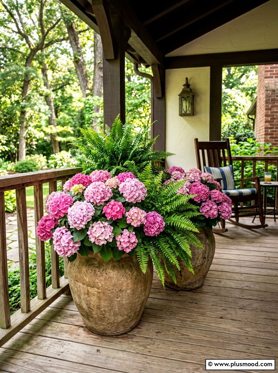 Hydrangea and fern porch combination - 25 summer front porch decor ideas with hydrangeas
