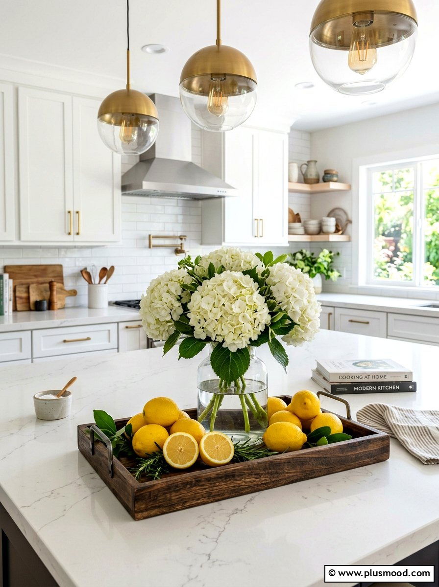 Hydrangea and lemon summer kitchen tray - 25 summer kitchen decor ideas with hydrangeas
