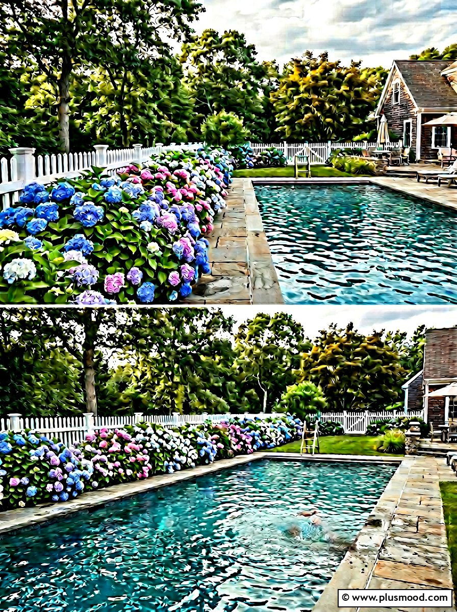 Hydrangea border for pool - 25 pool landscaping ideas with flower beds