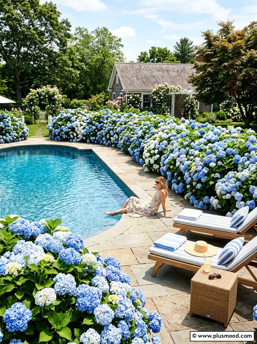 Hydrangea bush pool border - 25 pool landscaping ideas for cottagecore theme