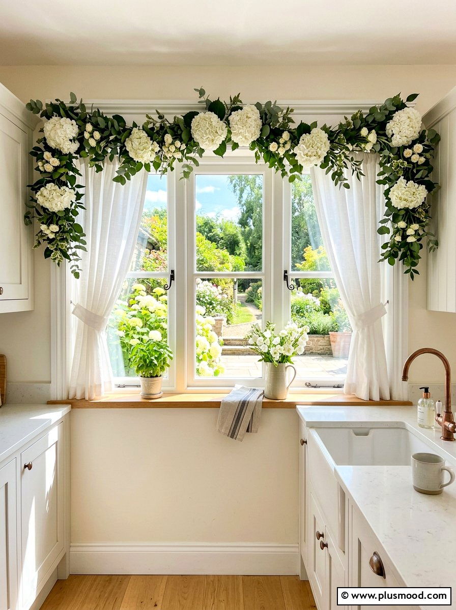 Hydrangea garland over kitchen window - 25 summer kitchen decor ideas with hydrangeas