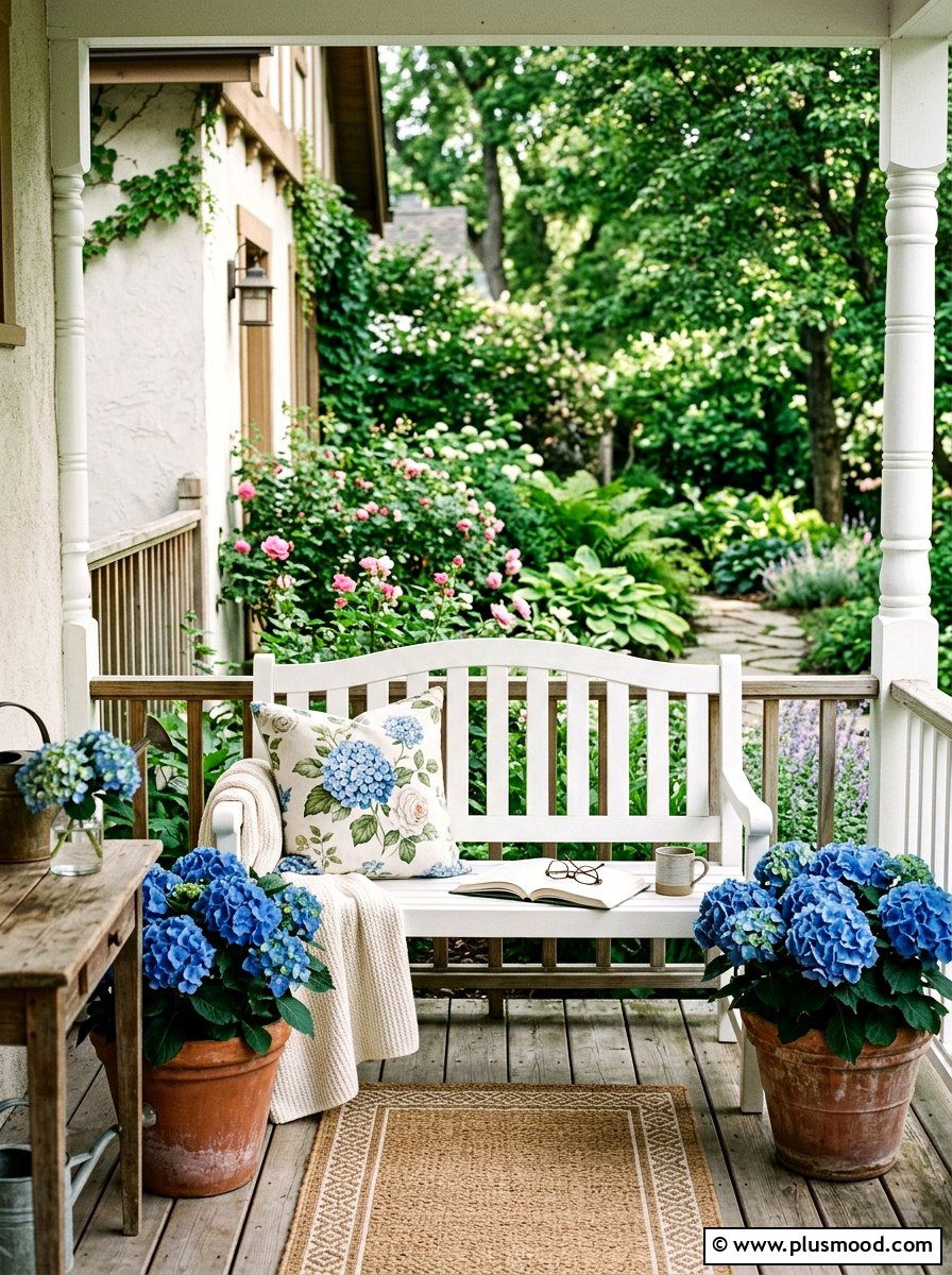 Hydrangea porch bench styling - 25 summer front porch decor ideas with hydrangeas