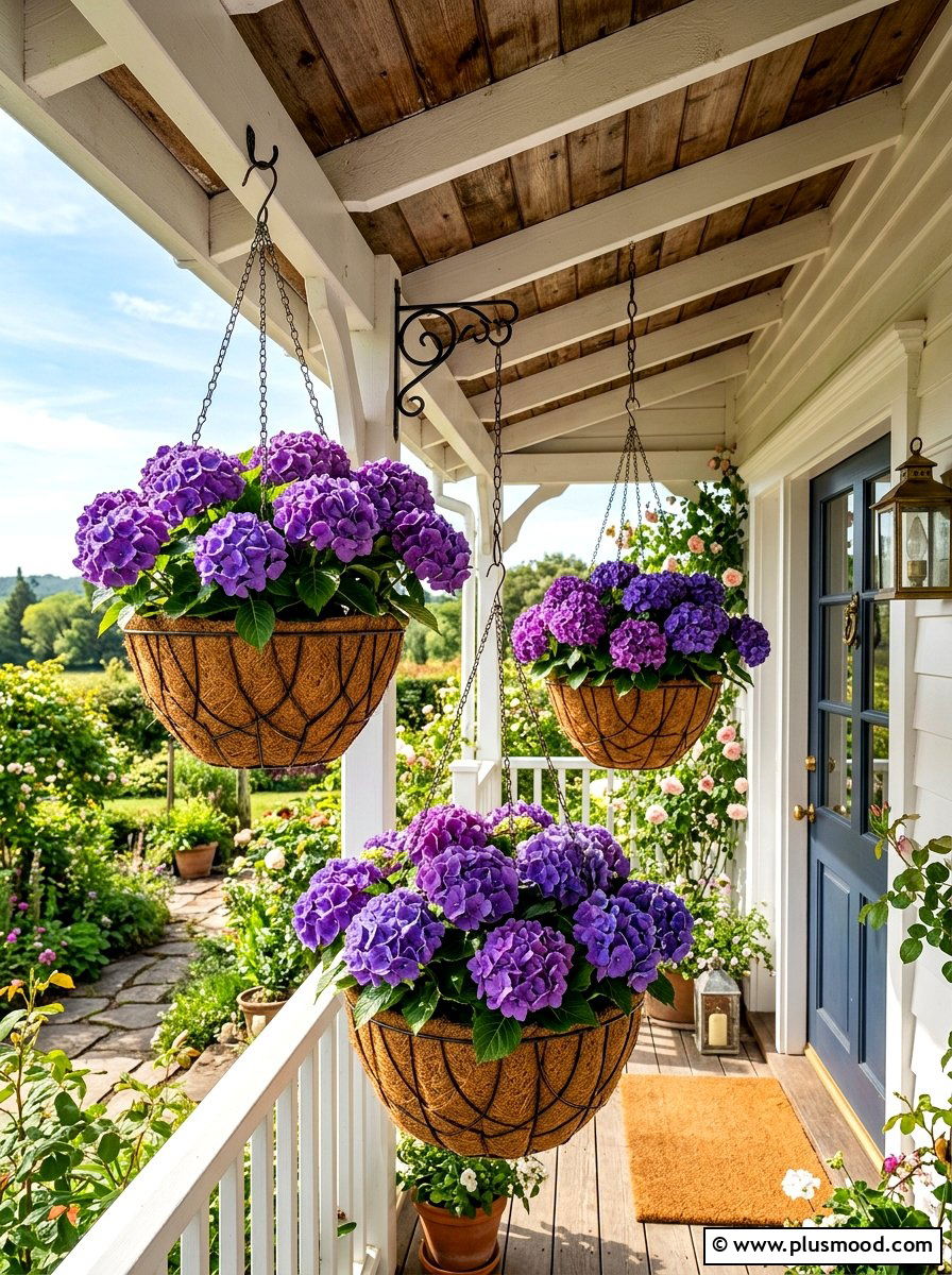 Hydrangea porch hanging baskets - 25 summer front porch decor ideas with hydrangeas