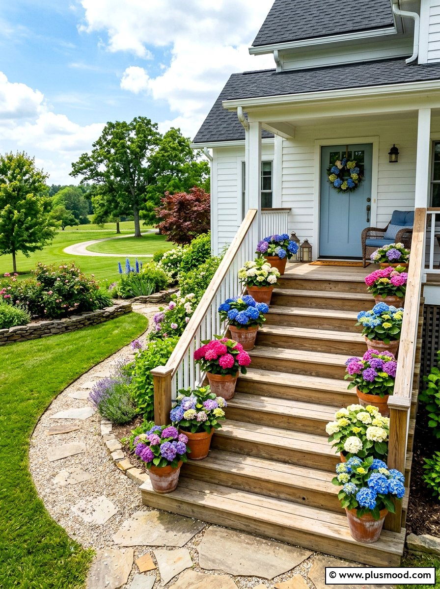 Hydrangea porch steps decor - 25 summer front porch decor ideas with hydrangeas