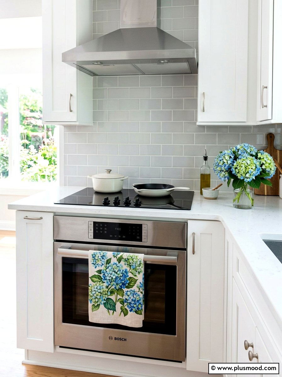 Hydrangea tea towel and floral styling - 25 summer kitchen decor ideas with hydrangeas