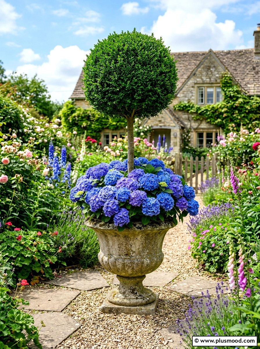 Hydrangea topiary arrangement - 25 summer front porch decor ideas with topiaries