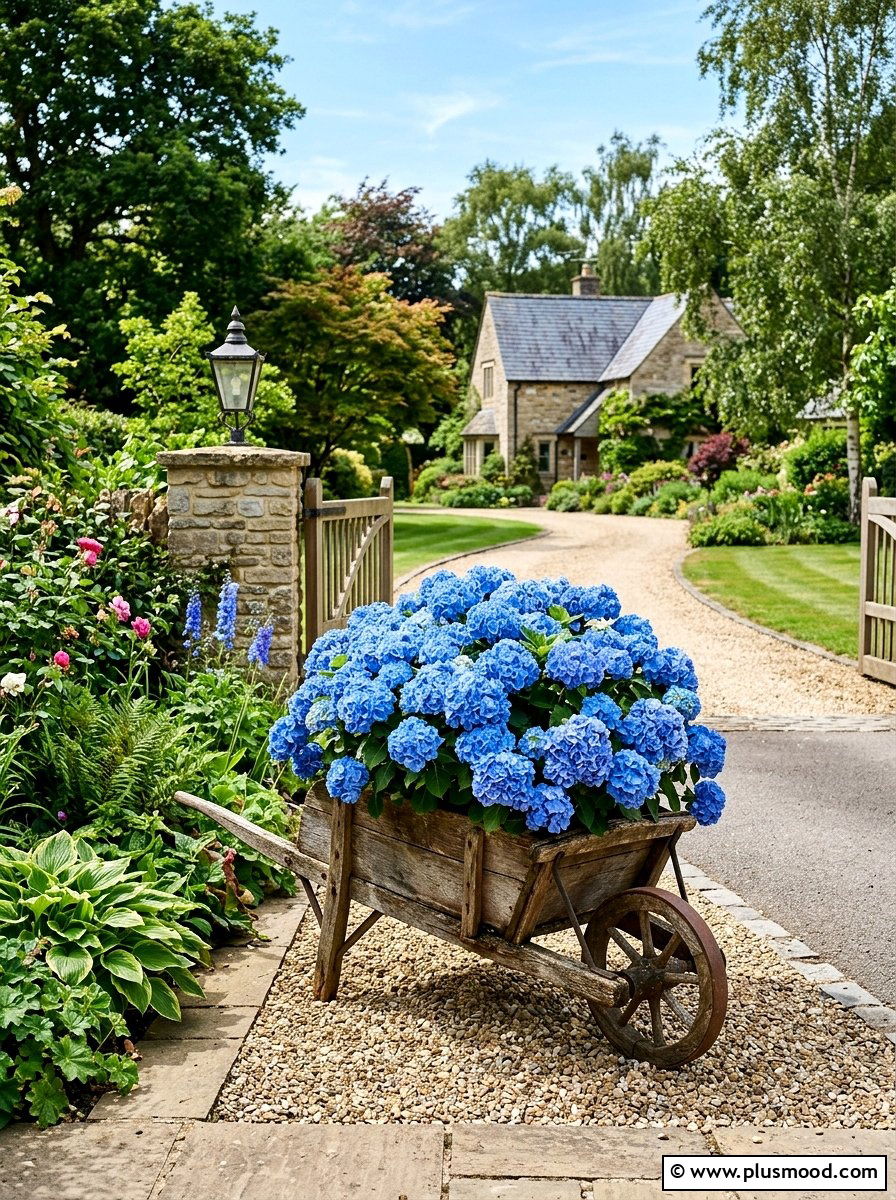 Hydrangea wheelbarrow garden focal - 25 outdoor garden decor ideas with wheelbarrow planter