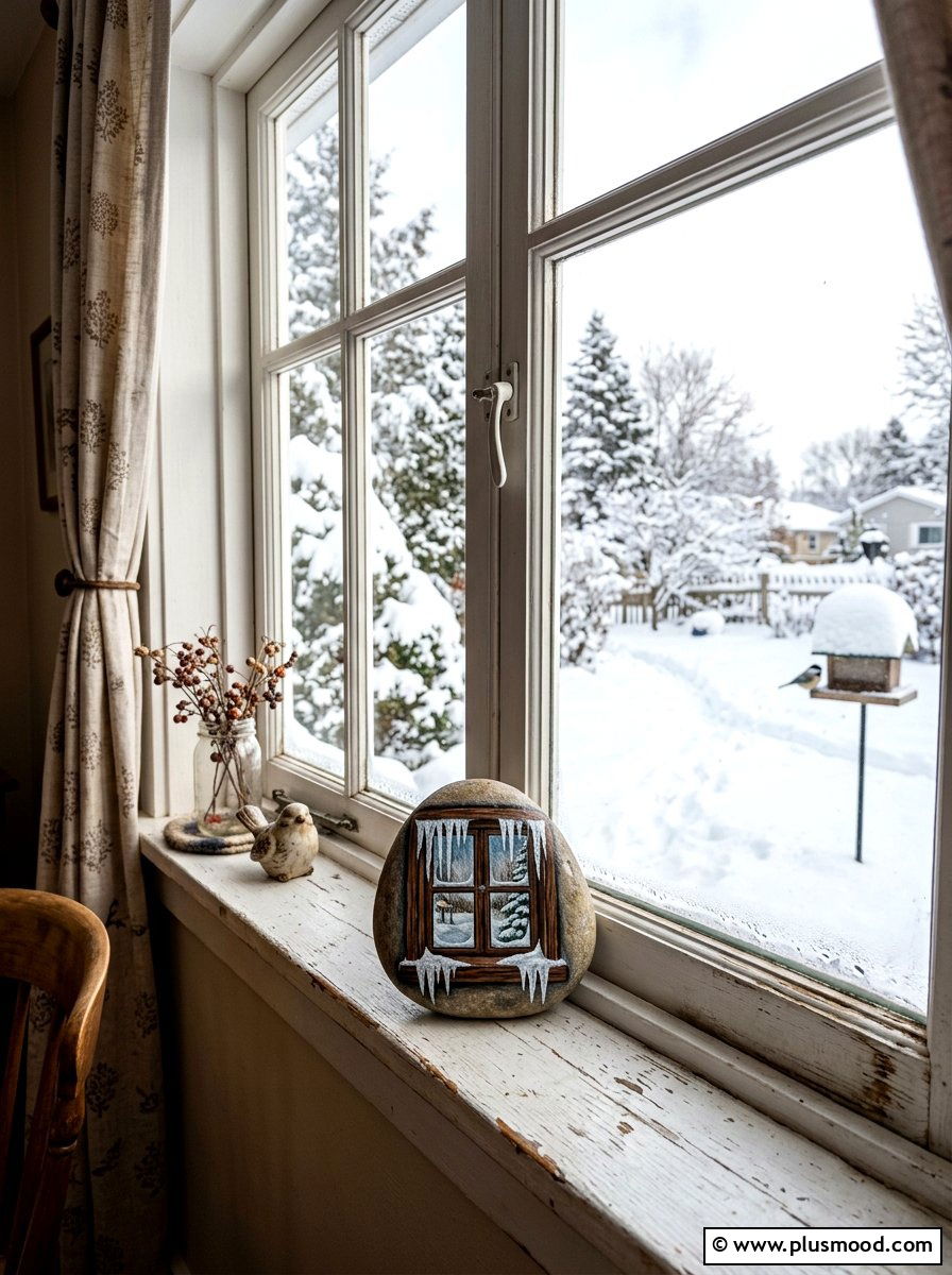 Icicle Window Rock Painting - 25 painted rock ideas for winter scene