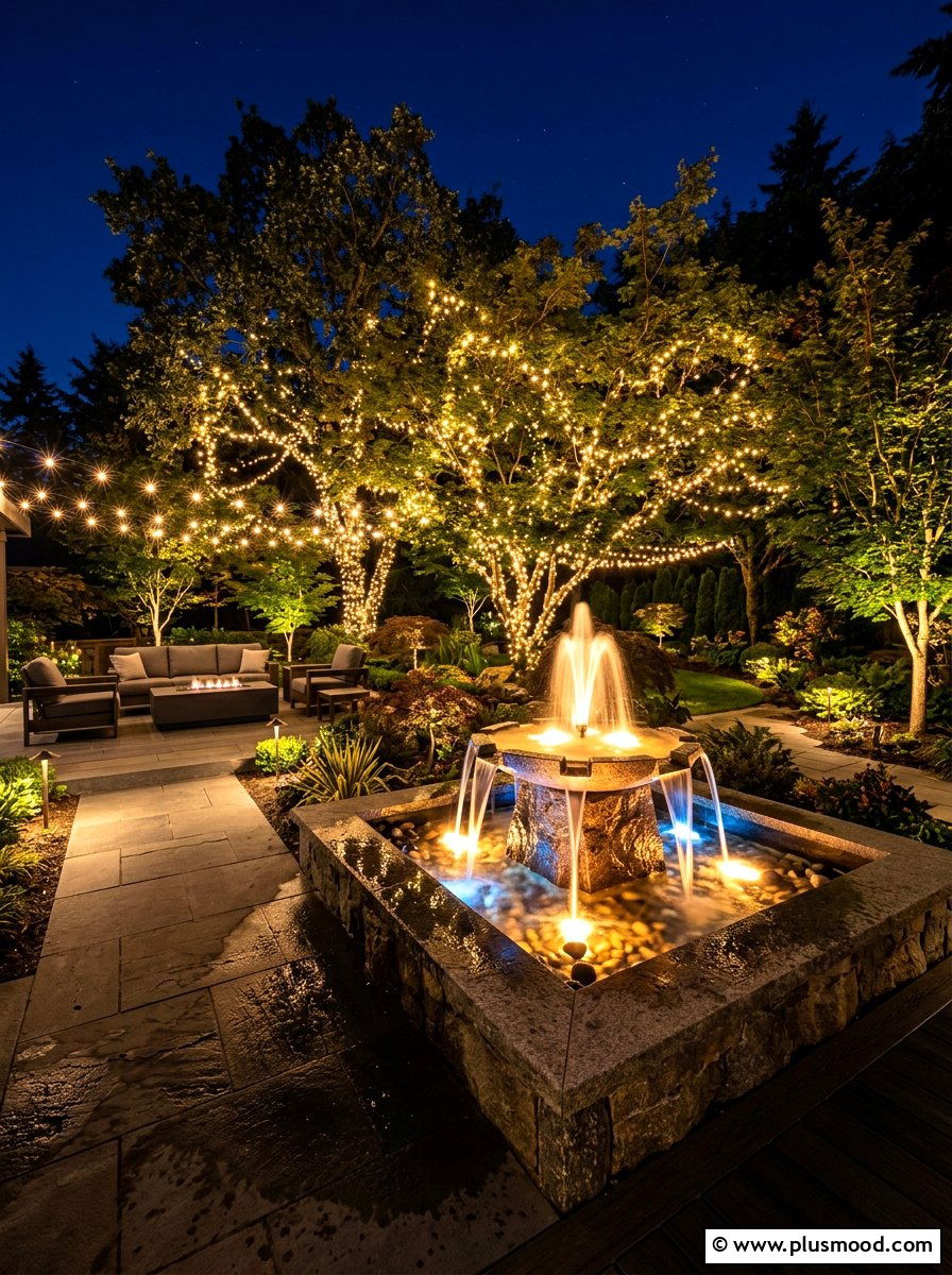 Illuminated Night Garden Fountain - 25 small backyard ideas with fountain