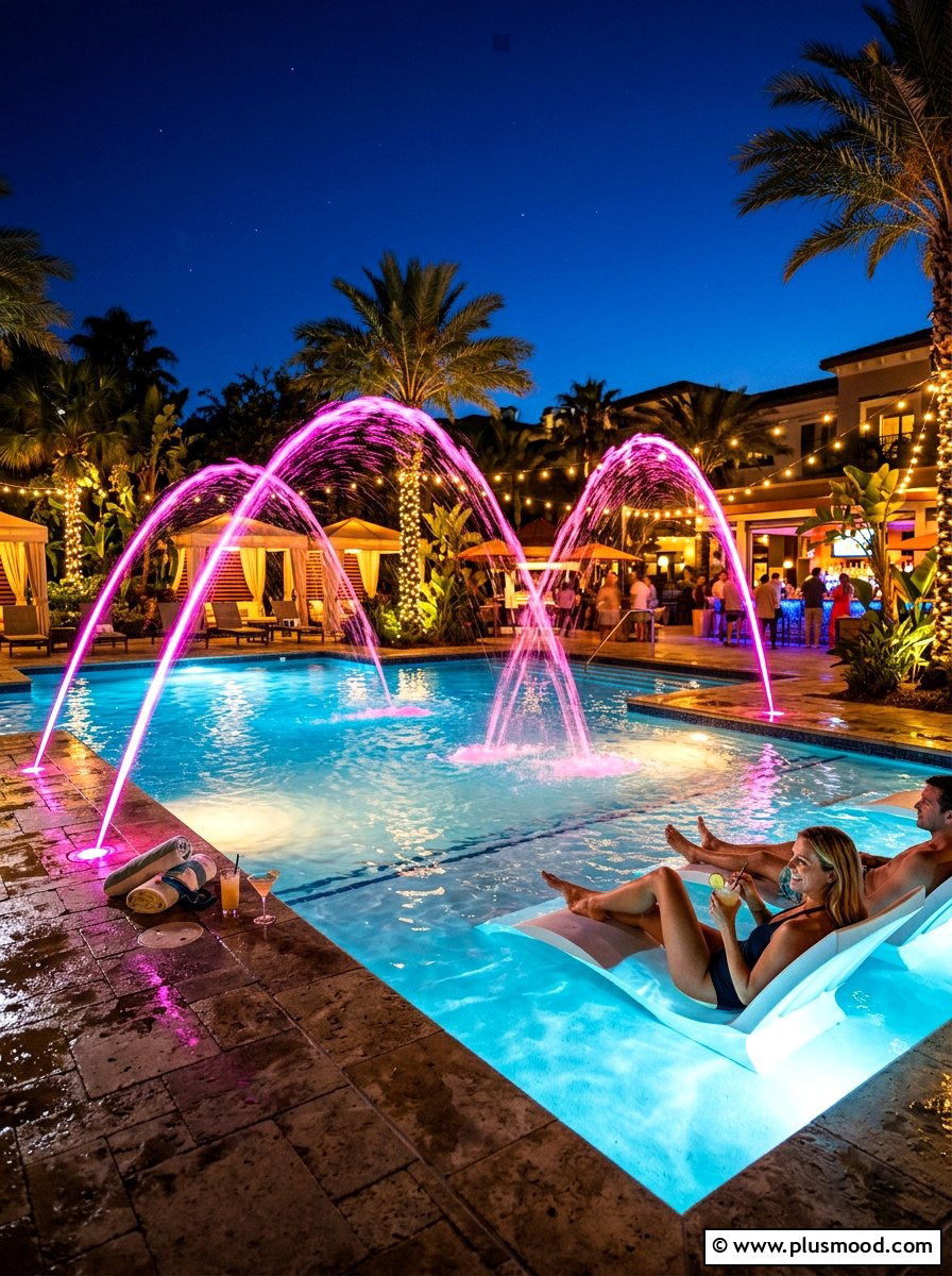 Illuminated Pool Fountain - 25 summer pool lighting ideas