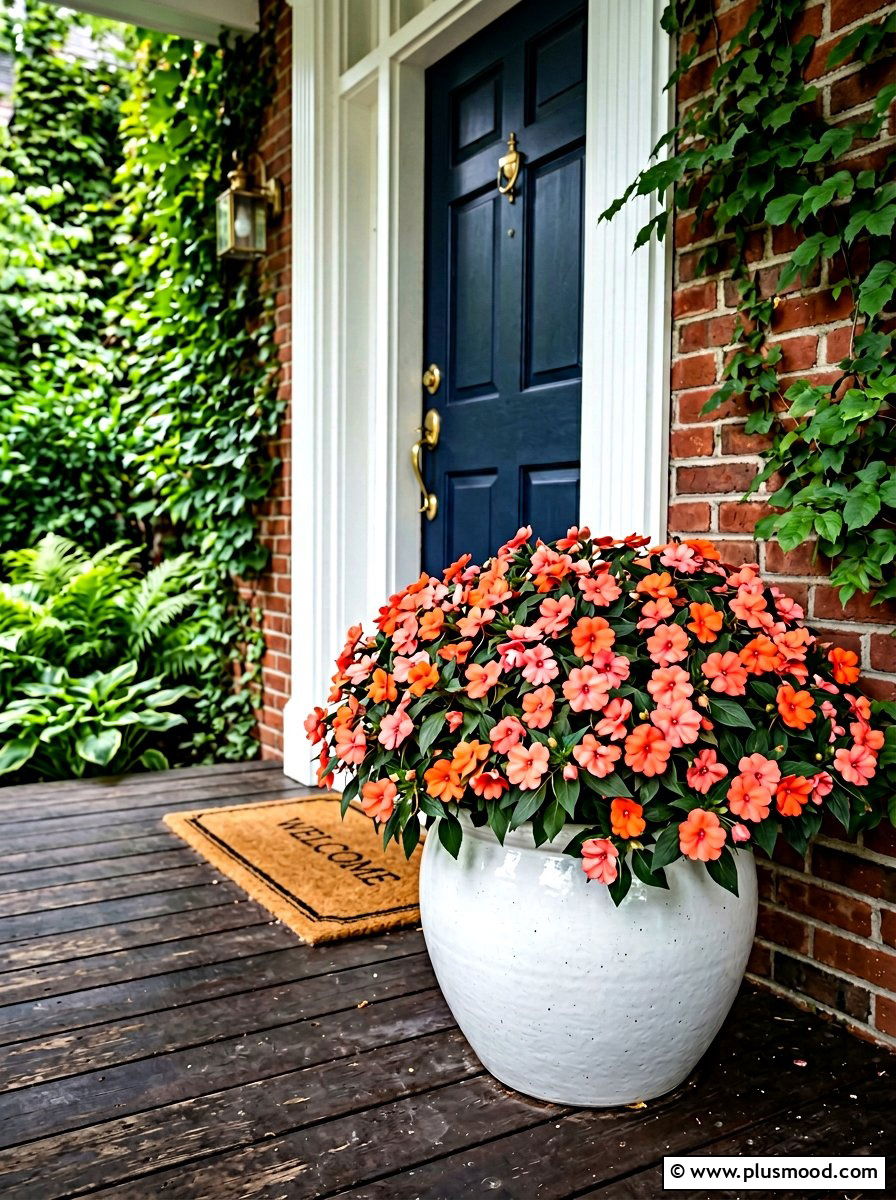 Impatiens Bloom Shady Entry Pot - 25 summer container ideas for front door