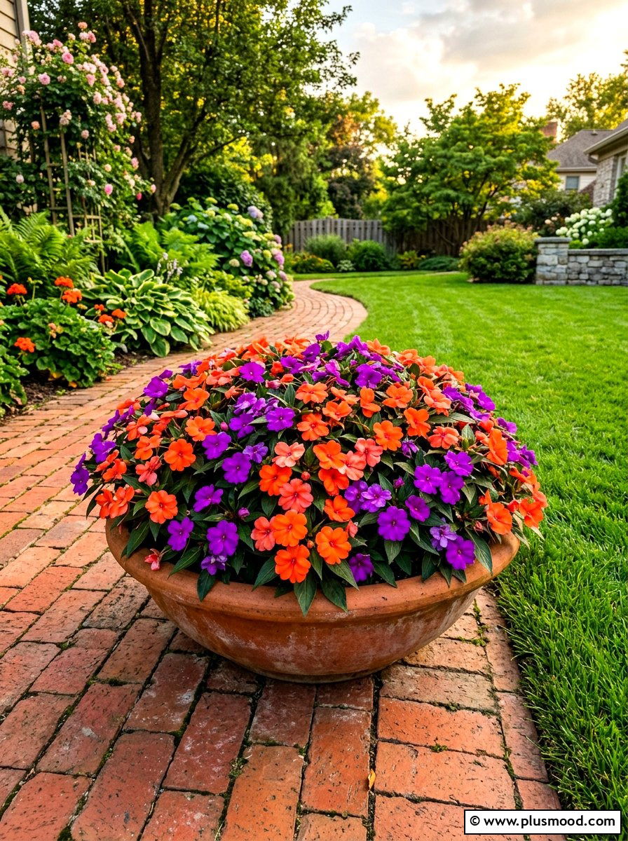Impatiens Flower Pot - 25 summer planter ideas for part shade