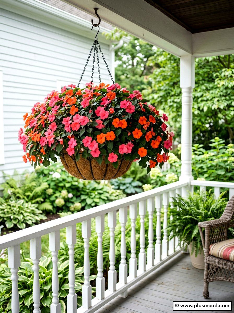Impatiens hanging basket - 25 summer hanging basket ideas for front porch