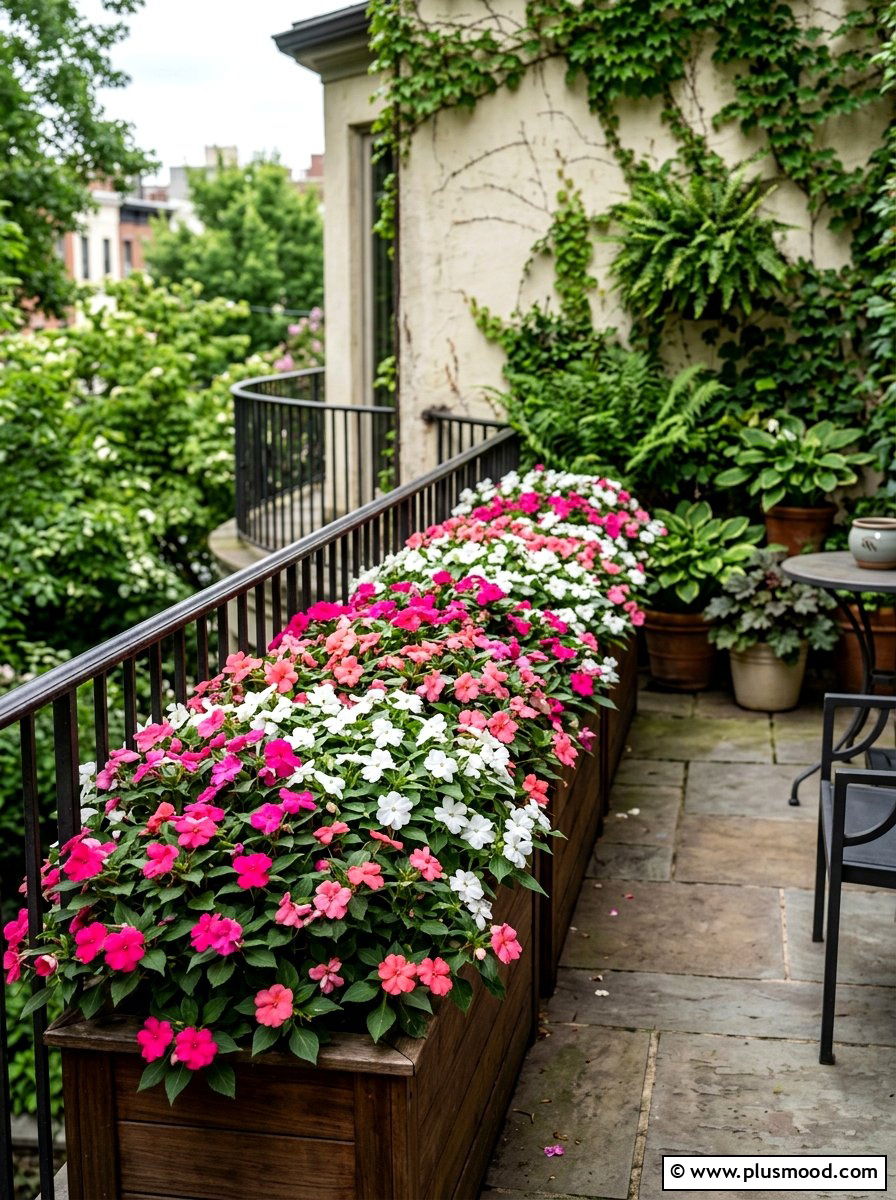 Impatiens shaded balcony display - 25 summer balcony flower ideas