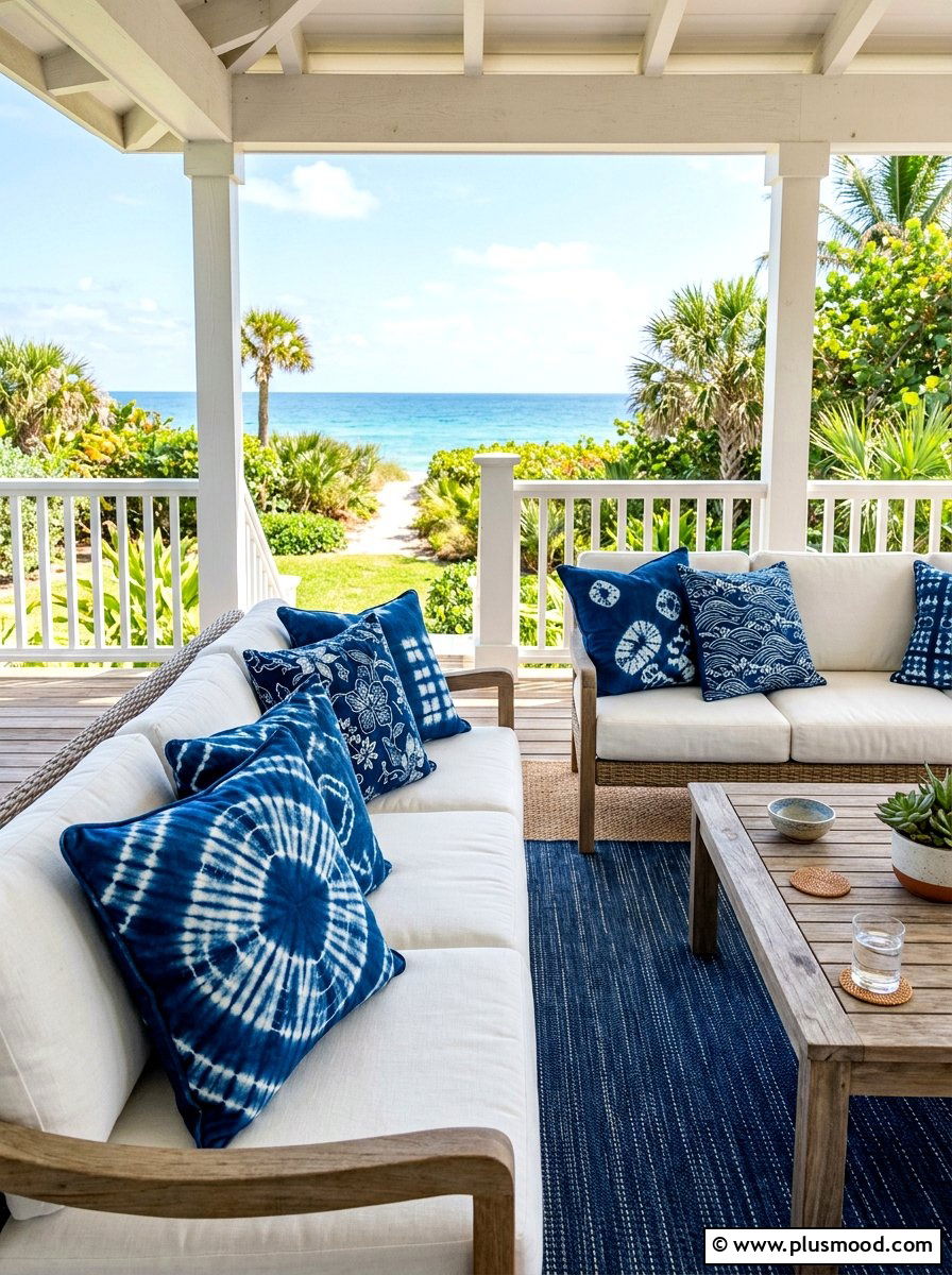 Indigo Blue Patterned Outdoor Pillows - 25 summer front porch decor ideas with blue and white